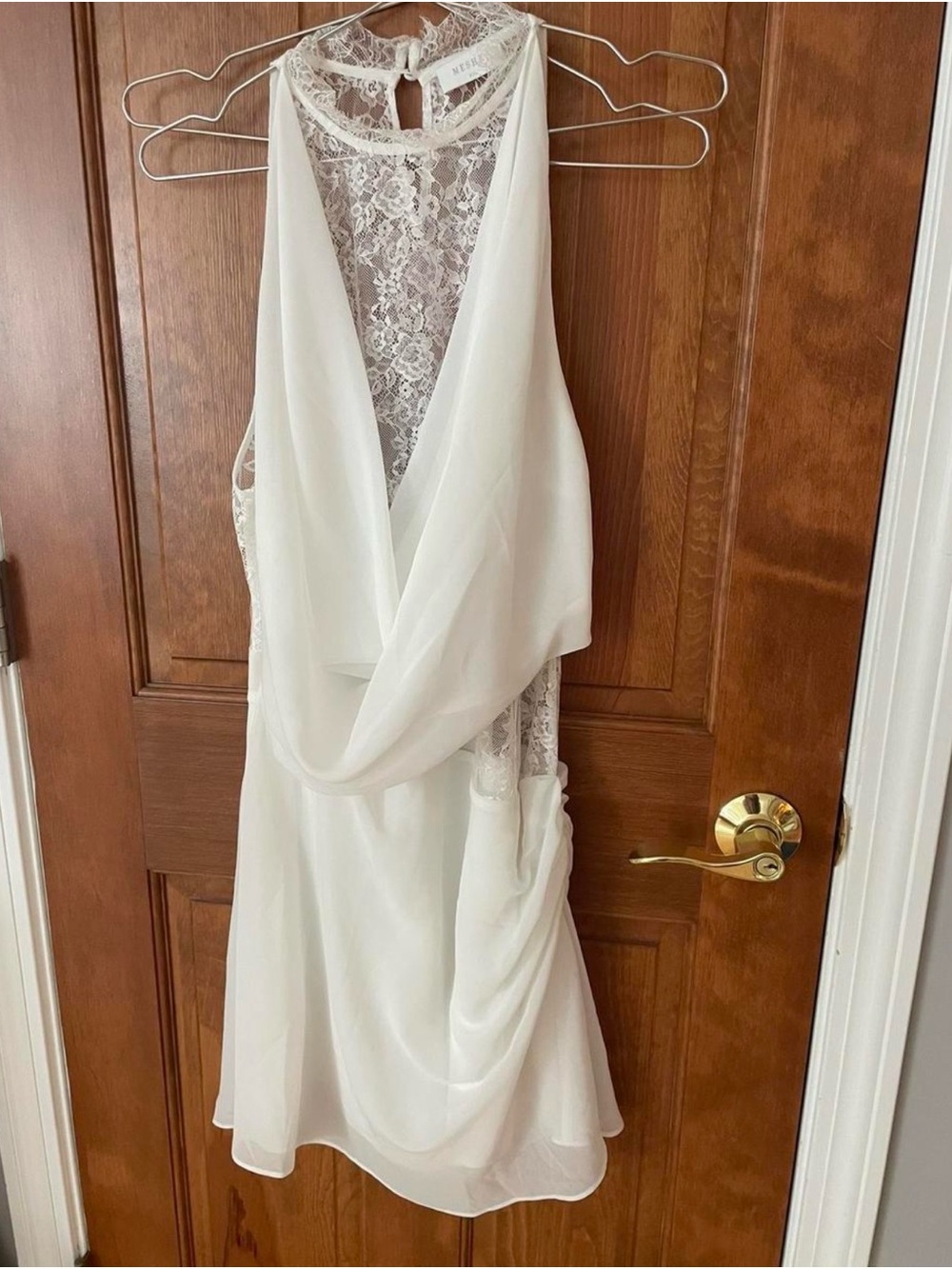 Meshki Arra White Lace-Back Draped Mini Dress